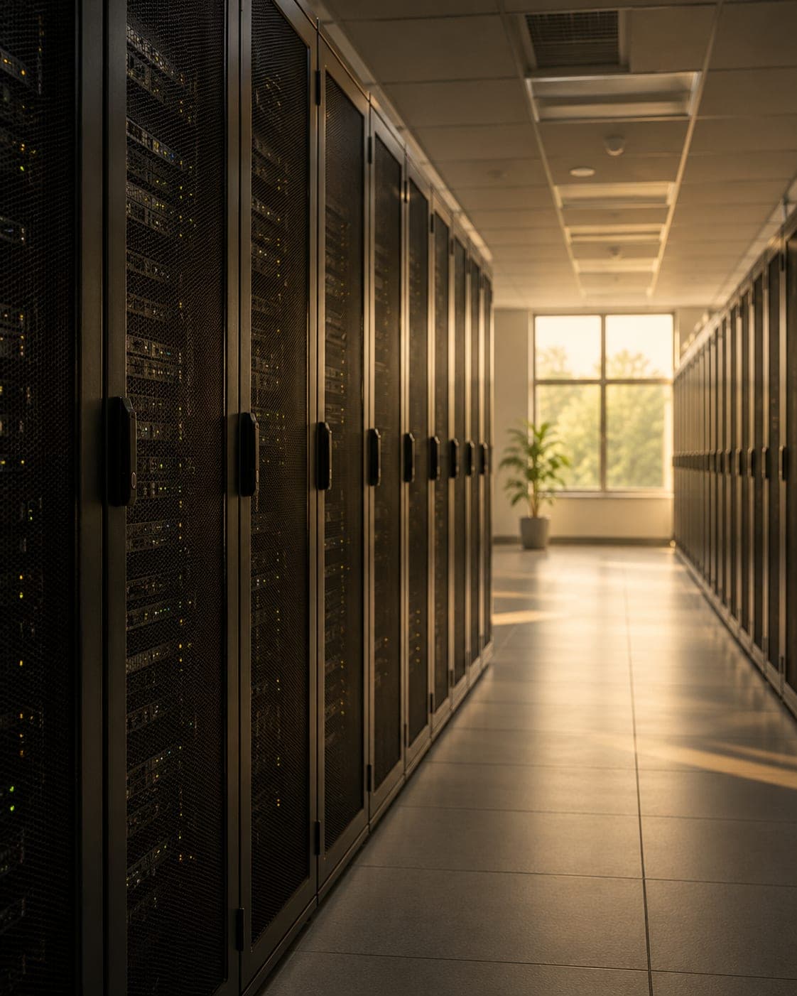 Server corridor humming quietly