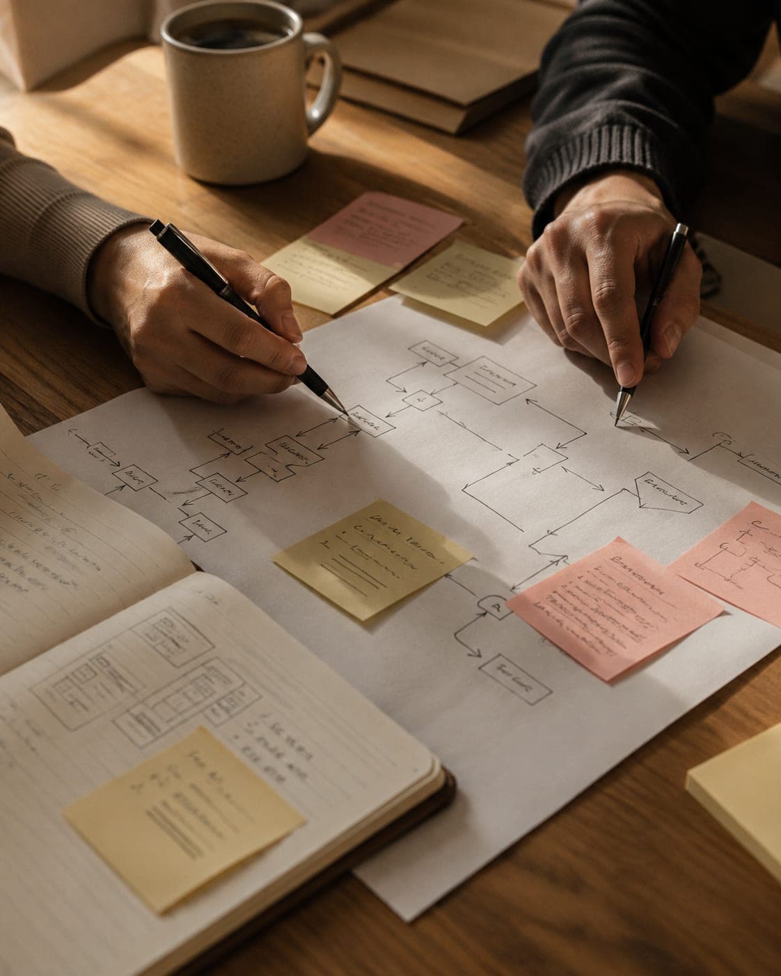 Hands mapping a business process on paper
